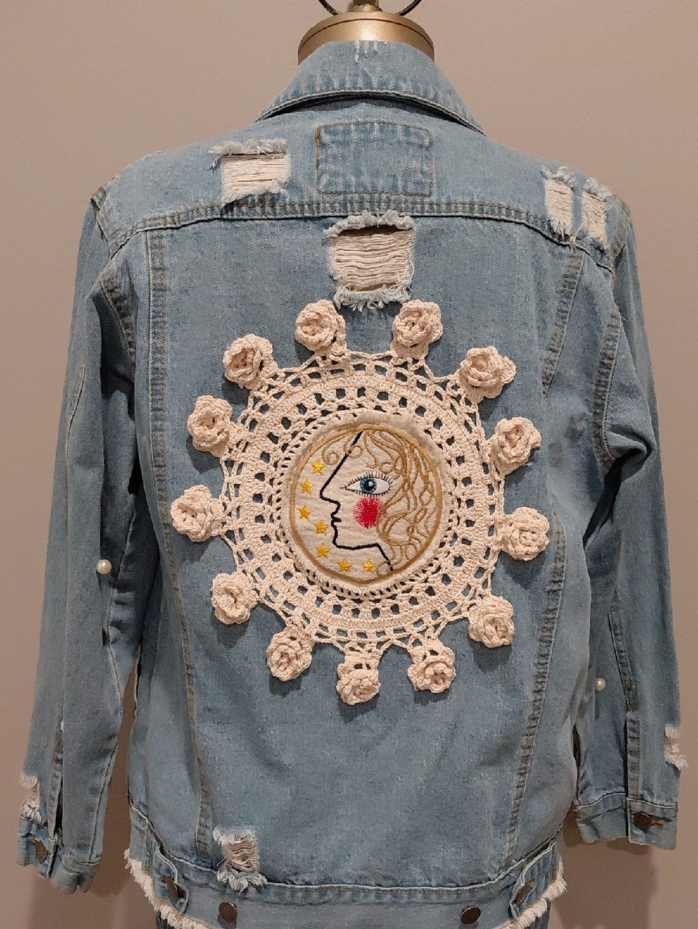 Between Us Pearl Distressed Upscaled Denim Jacket With Crocheted Patch